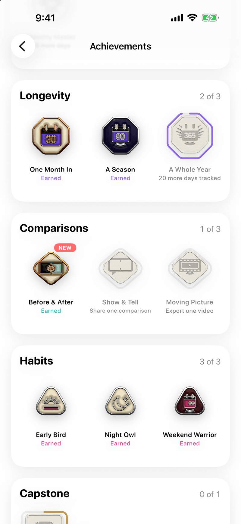 The achievements screen with earned medals